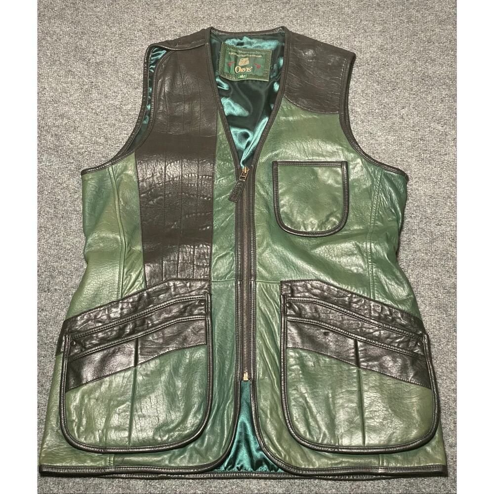 Orvis Men’s Green And Black Leather Hunting / Safari Full Zip Vest -L Vintage
